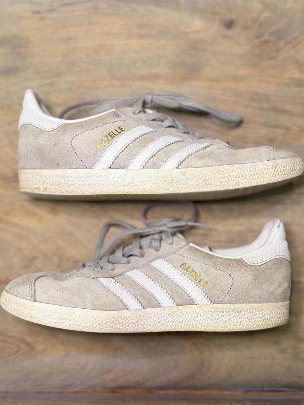 adidas Gazelle Suede Sneakers in Gray and White with Gold Logo